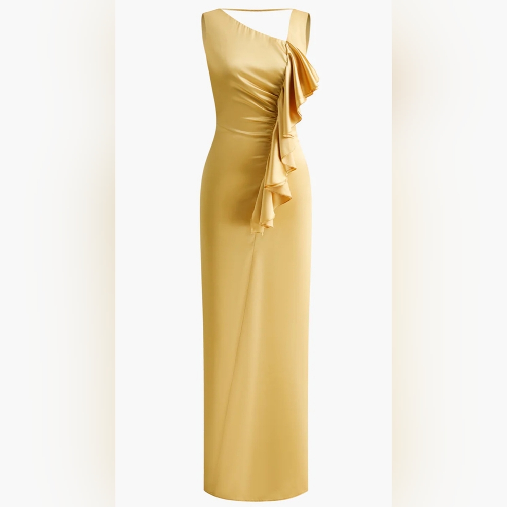 Asymmetrical Ruffle Backless Long Dress - yellow
